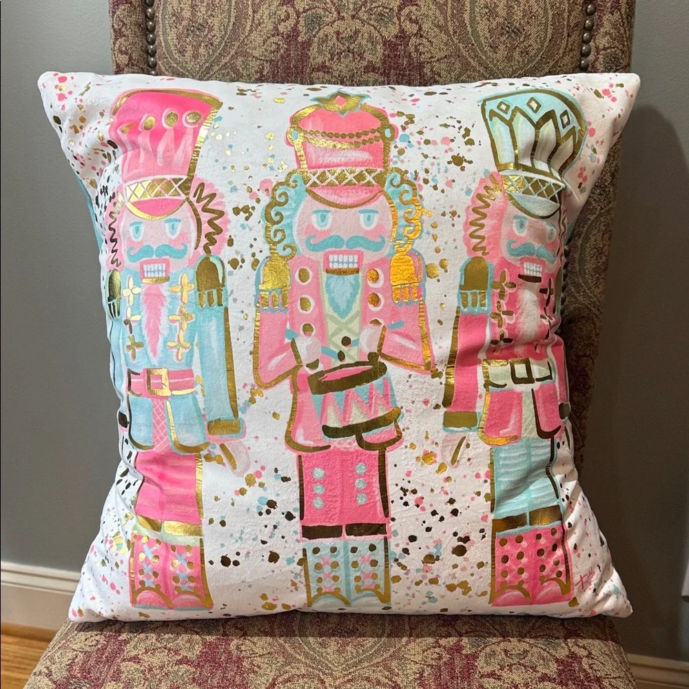 Rachel Brooks Design Gold Foil Nutcracker Pink & Teal 18”x18” Christmas Pillow